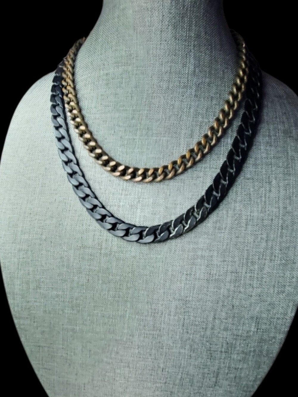 Layered Bold Black Brass Tone Curb & Cuban Link Chain